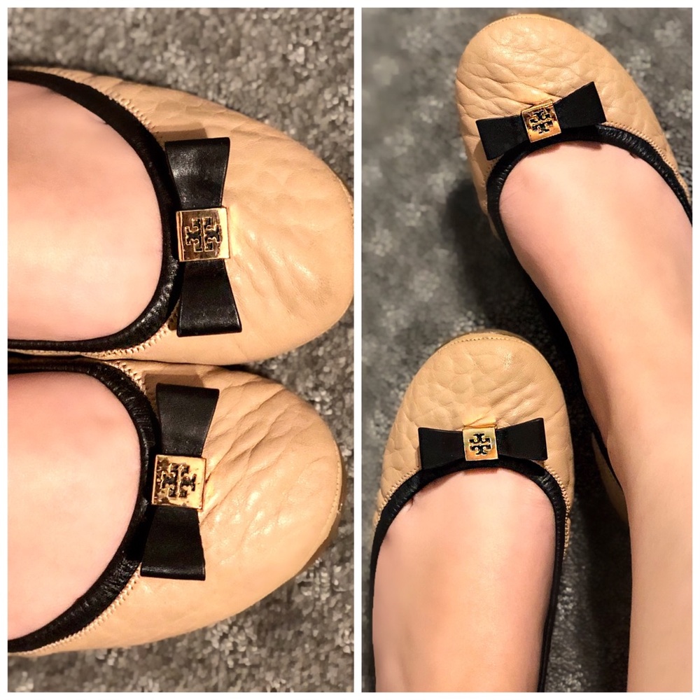 Tory Burch Two Tone Ballet Flats Bow RARE Gold - Picture 1 of 8